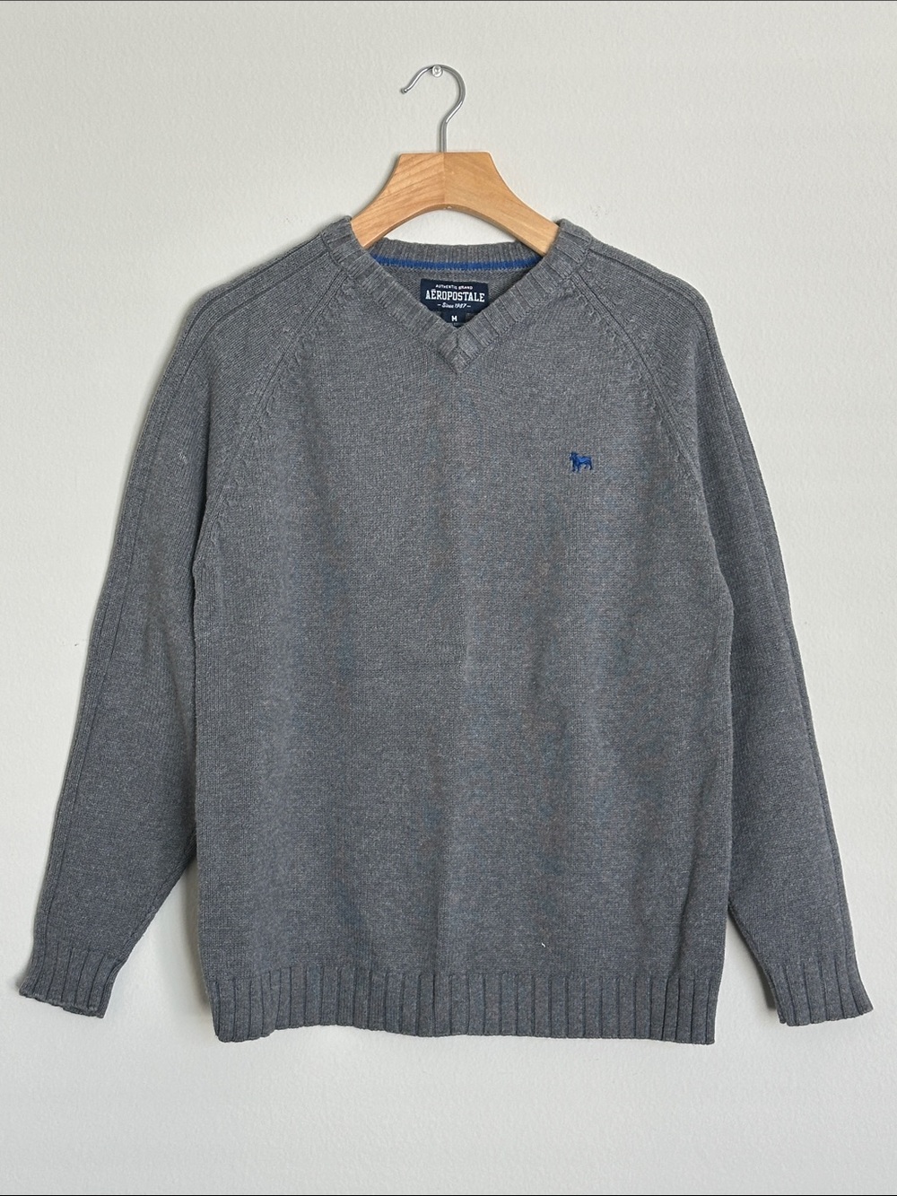 Aeropostale Men's Charcoal Gray V-Neck Sweater with Blue Pony Logo